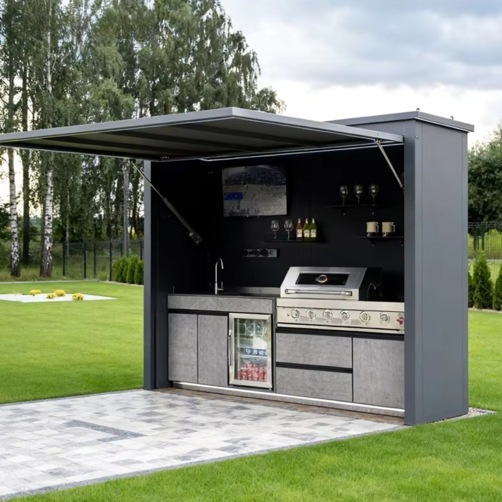 Camping Cooking Canopy - アルミ製ホテル業務用BBQグリルキッチンキャビネット、防水屋外パティオキャンプ用調理セット（キャノピーLEDライト付き）モダン