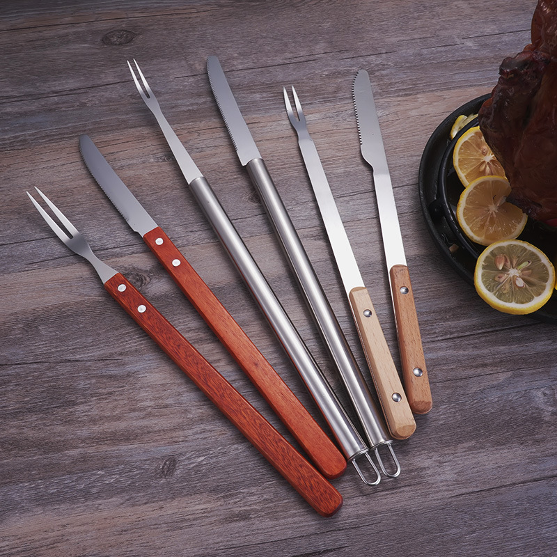 Camping Cooking Gifts - ステンレス製ラムレッグBBQナイフ＆フォークセット アウトドア用丸ごとローストバーベキューカービングツール キャンプ調理キット ギフト