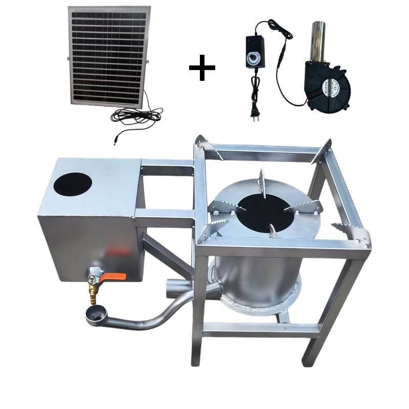 Camping Cooking Portable - 屋外での調理、暖房、解凍に使える、空気送風機とソーラーパネル付きの、持ち運び可能な硬質チタン鋼製廃油バーナー・キャンプストーブ。