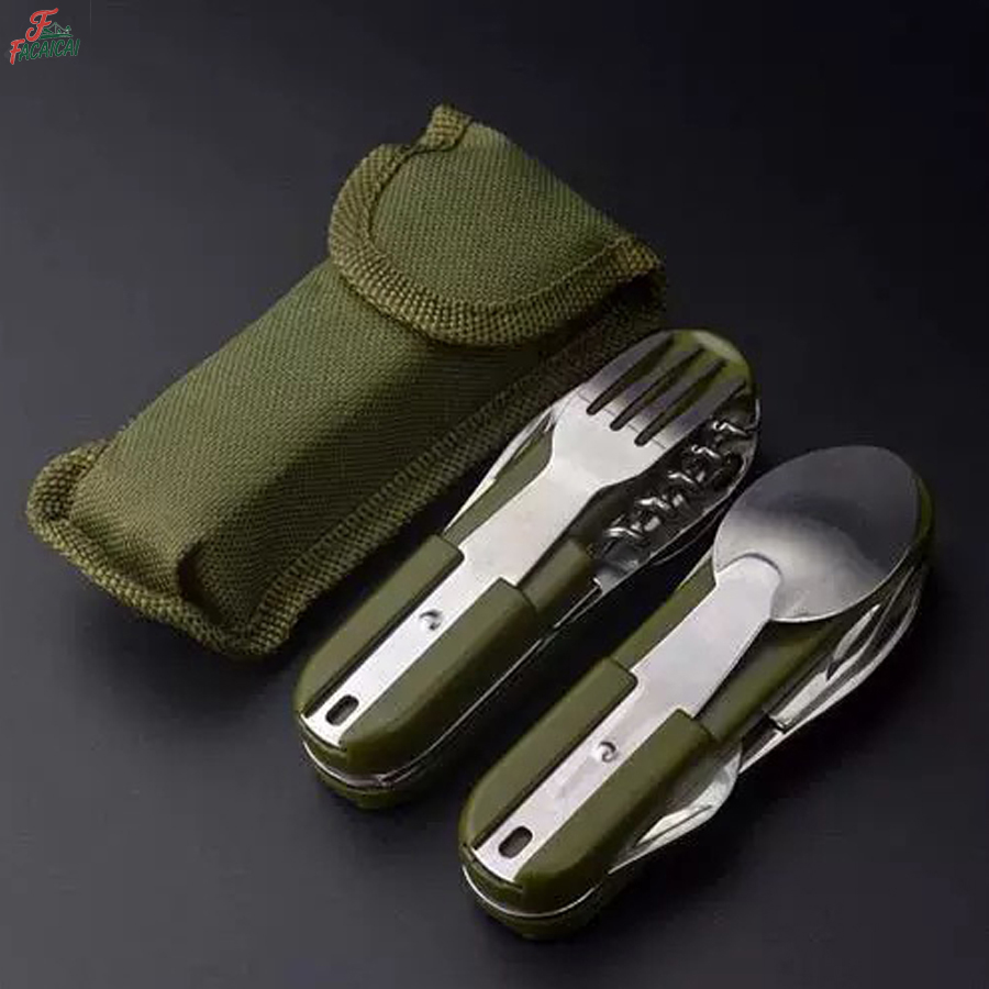 Camping Cooking Set Stainless Steel - キャンプ用品 5-in-1 ステンレス製トラベルセット、多機能折りたたみ式アウトドア食器