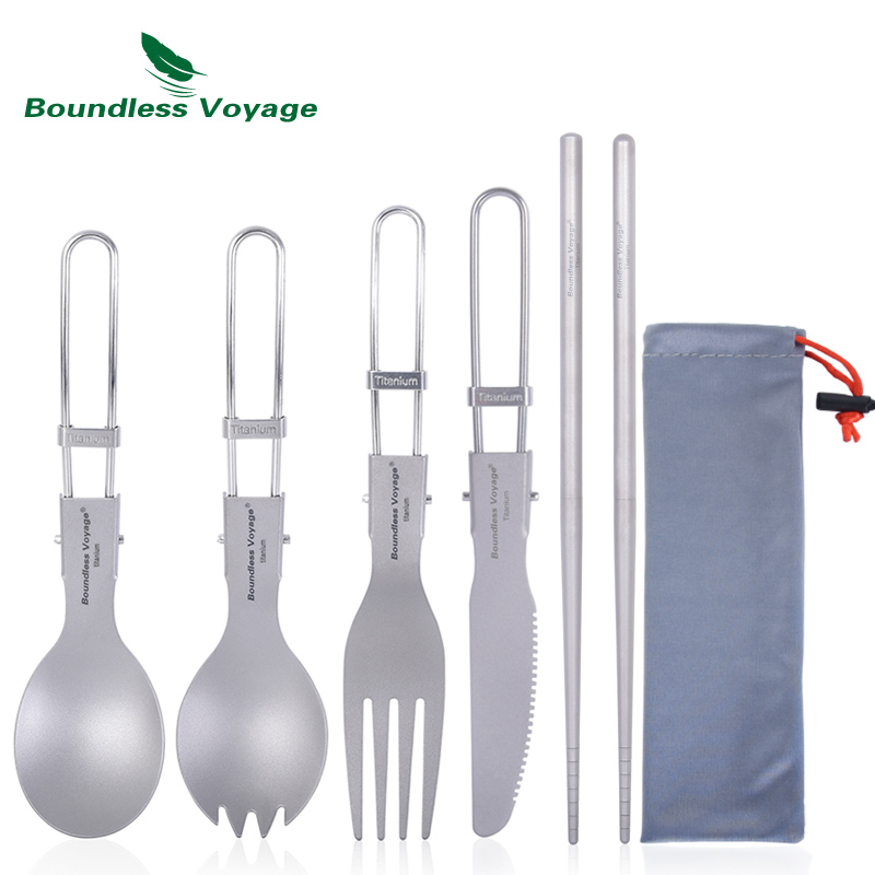 Camping Cooking Set Stainless Steel - Boundless Voyage チタンキャンプカトラリー折りたたみスプーンスポークフォークナイフ箸アウトドア旅行食器食器セット