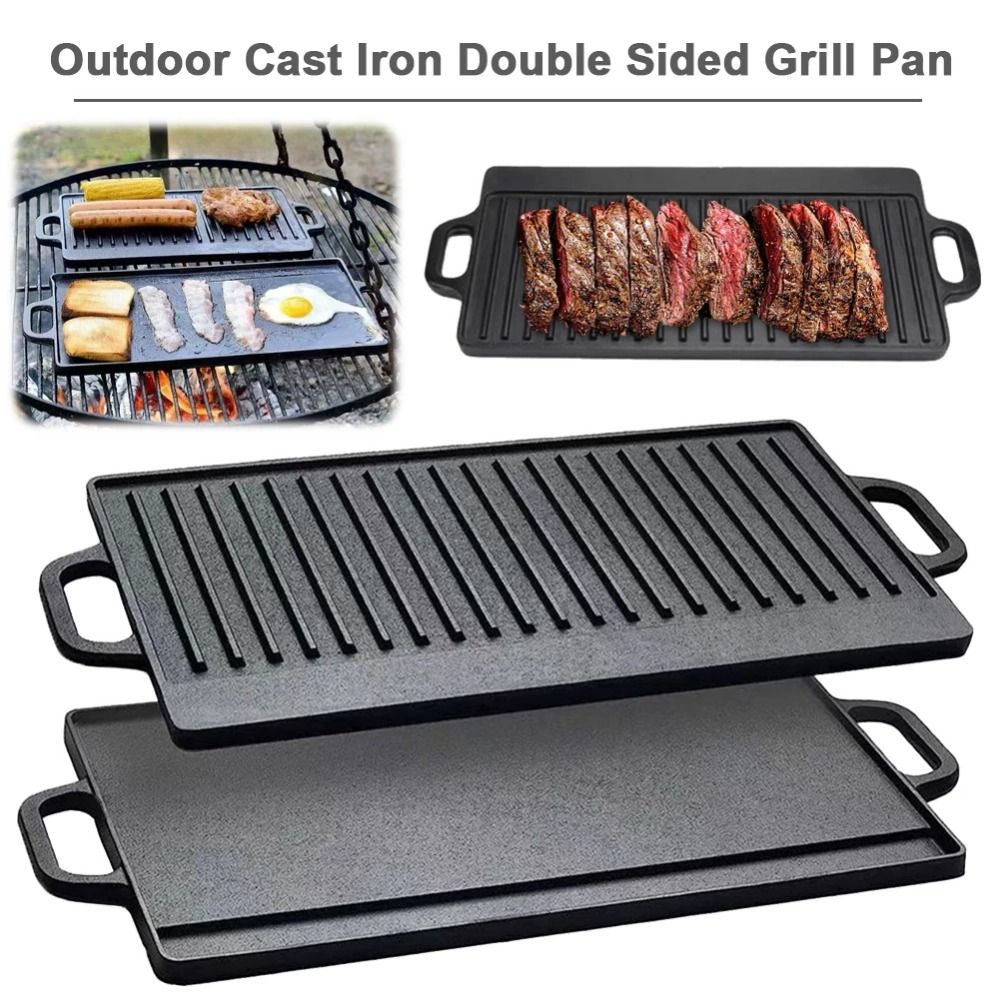 Camping Cooking Range - 両面鋳鉄グリドル リバーシブル長方形BBQグリドルプレート 耐久性のある縞模様の表面グリルパン キャンプ用