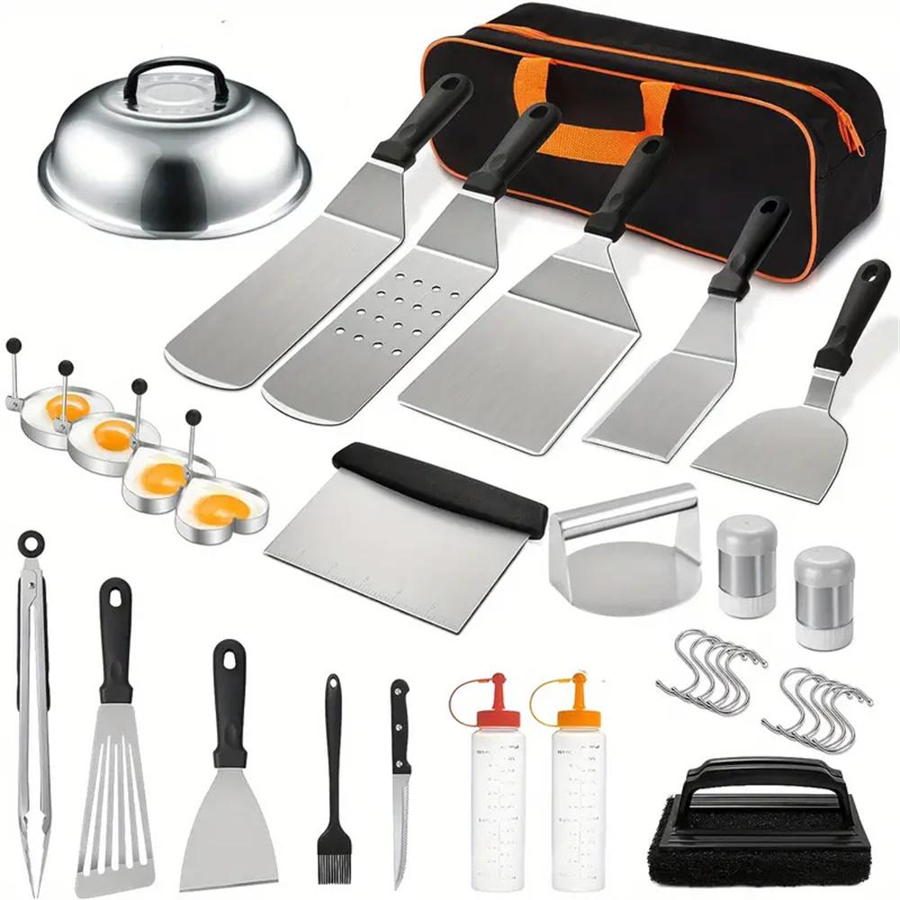 Camping Cooking Gifts - 33個入りフラットトップグリドルアクセサリーキット、頑丈なステンレス鋼BBQグリルツールセット、大型スパチュラ、スクレーパー、バステイングカバー、バーベキュー調理器具、屋外キャンプ、ピクニック、父の日ギフト