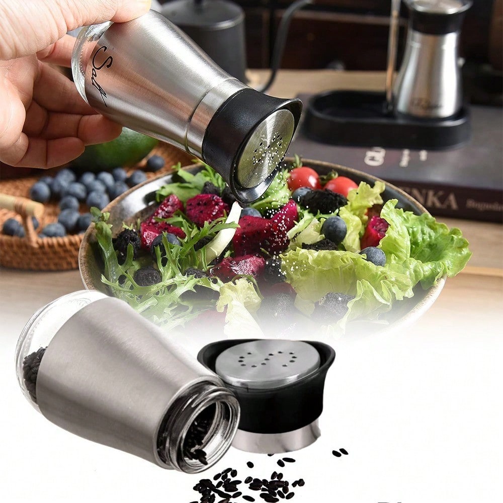 Camping Cooking Gifts - ステンレス鋼の蓋付きの塩とコショウのシェーカー、ガラス底、調理テーブル、キッチンガジェット、詰め替え可能なデザイン、バーベキューギフト、4オンス、1ソルト