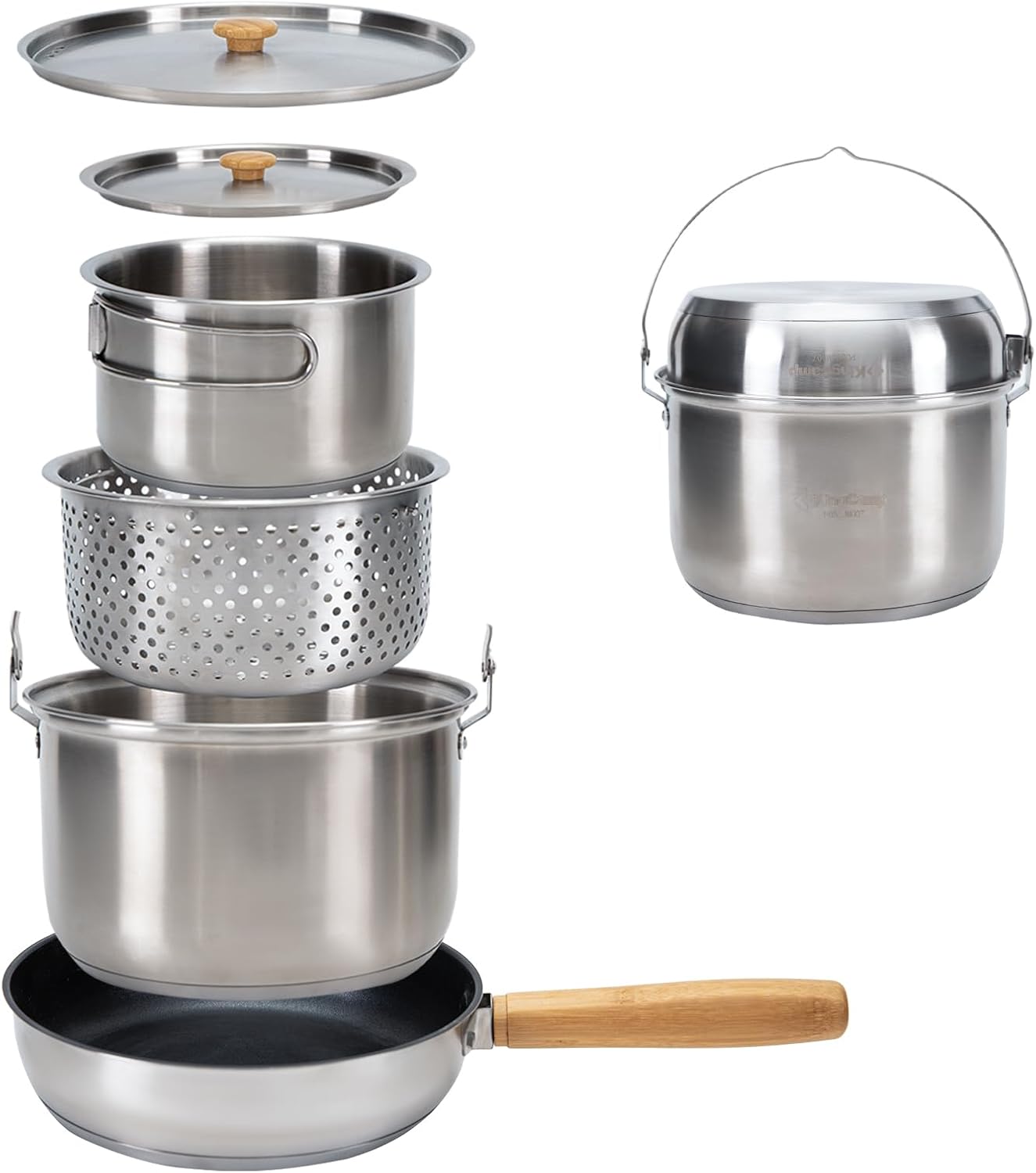 Camping Cooking Kitchen Set - 304ステンレス鋼キャンプ用調理器具セット - キャンプファイヤー調理用の鍋、フライパン、ケトル、トラベルトートバッグ付き、アウトドアキッチンピクニック用