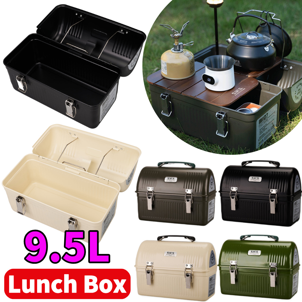 Camping Cooking Food - 9.5L ヴィンテージメタルランチボックス ハンドルとラッチ付き キャンプ 釣り コーヒー