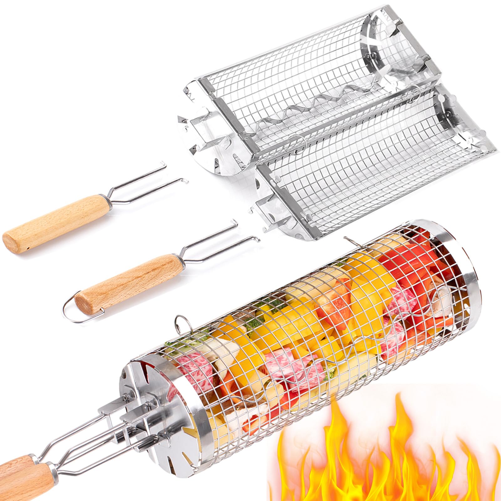 Camping Cooking Roll - BUYYES ローリンググリルバスケット BBQ メッシュチューブ取り外し可能な木製ハンドルステンレス鋼ラウンドメッシュケージ屋外キャンプ調理ツール