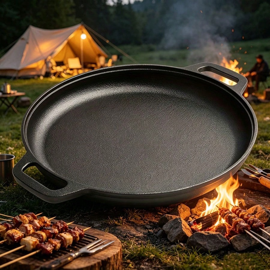 シーズニング済みの鋳鉄製ピザパン。厚手の丸型鋳鉄製グリルパン - Camping Cooking Range のレビューと価格