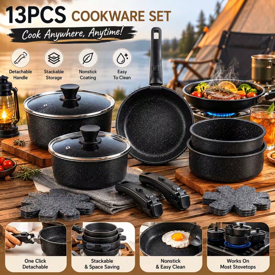 プレミアム13点ノンスティック調理器具セット（着脱式ハンドル - Camping Cooking Kitchen Set のレビューと価格