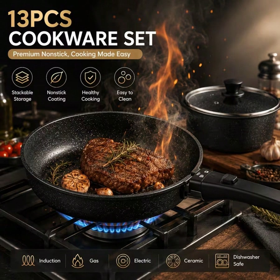 プレミアム13点ノンスティック調理器具セット（着脱式ハンドル - Camping Cooking Kitchen Set のレビューと価格