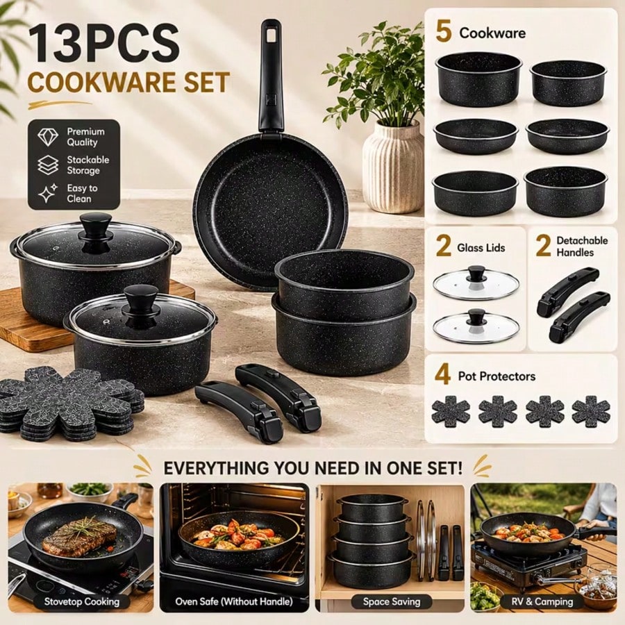 プレミアム13点ノンスティック調理器具セット（着脱式ハンドル - Camping Cooking Kitchen Set のレビューと価格